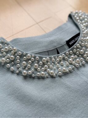 Karl Lagerfeld Pale Blue Pearl Trim with Bow Sweater